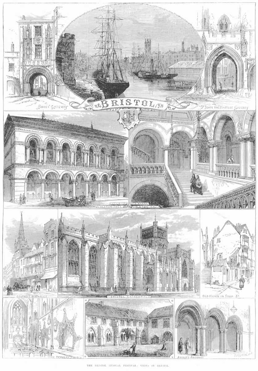 An 1873 engraving showing Colston Hall, the port and cathedral of Bristol
