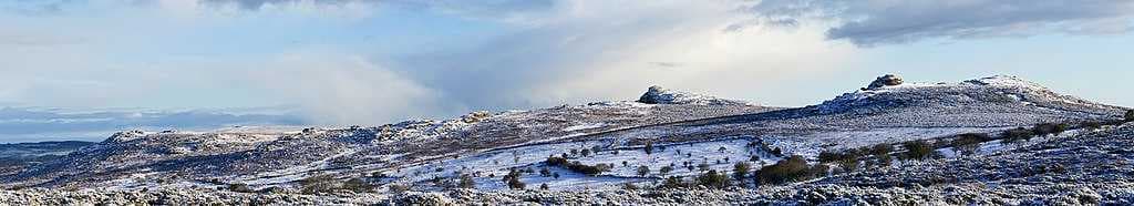 Panorama of some better known Dartmoor tors in snow