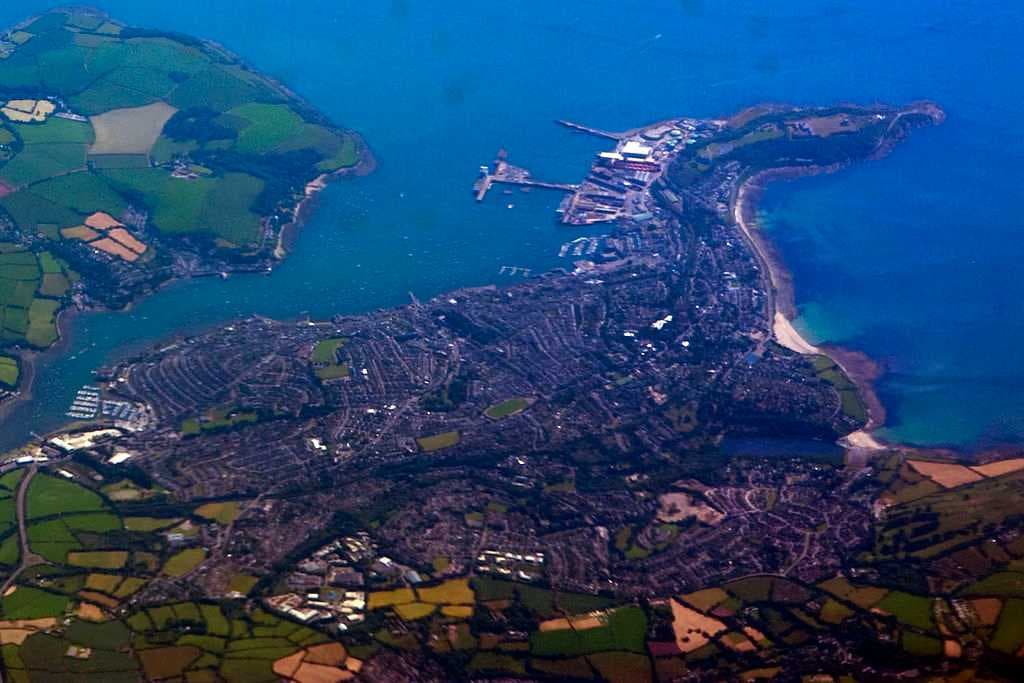 Aerial view of Falmouth: Penryn River centre left; part of Carrick Roads top; part of Falmouth Bay right
