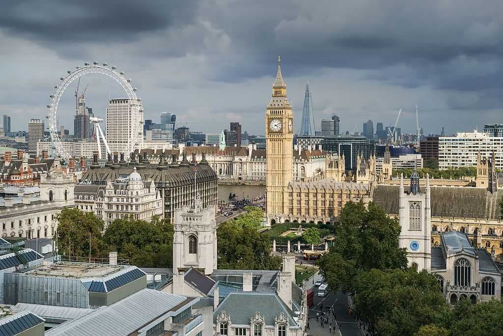 London skyline with Big Ben and environs, including the London Eye, Portcullis House, Parliament Square, and St Margaret's Church