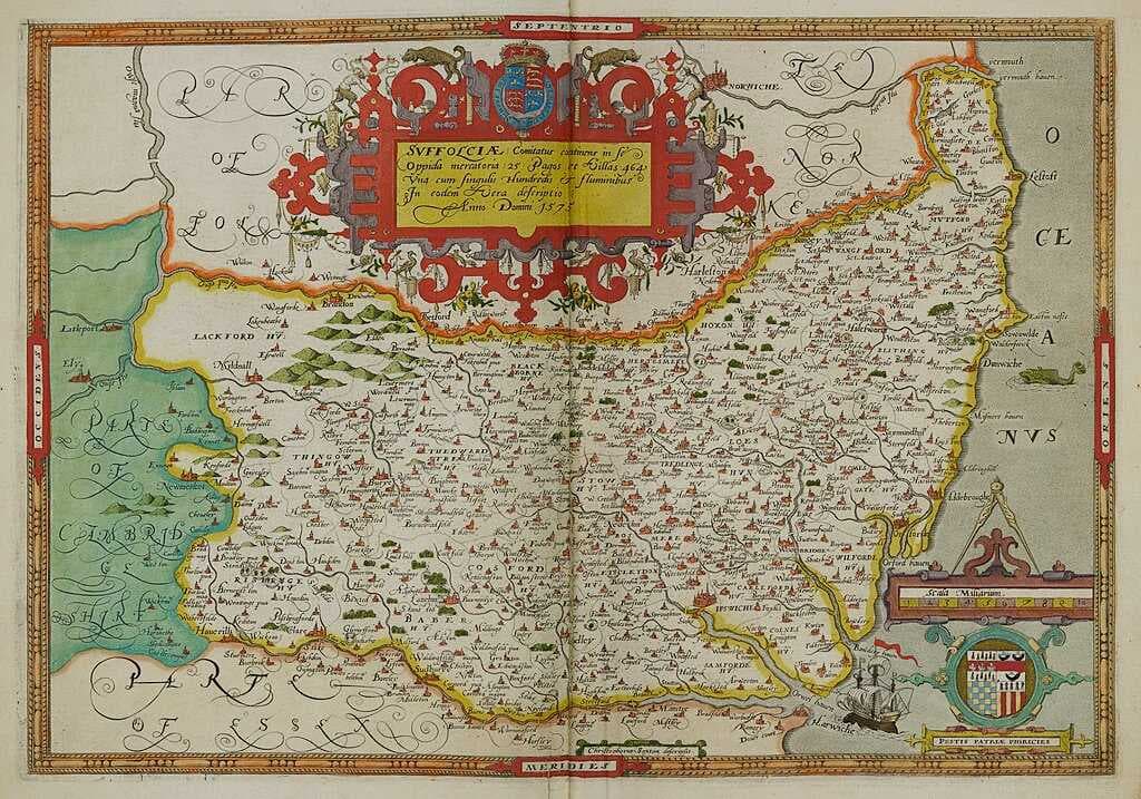 Hand-drawn map of Suffolk by Christopher Saxton from 1573