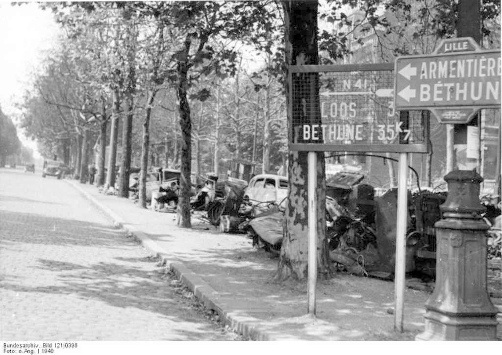 Wrecked vehicles in Lille, after the 1940 siege of the city