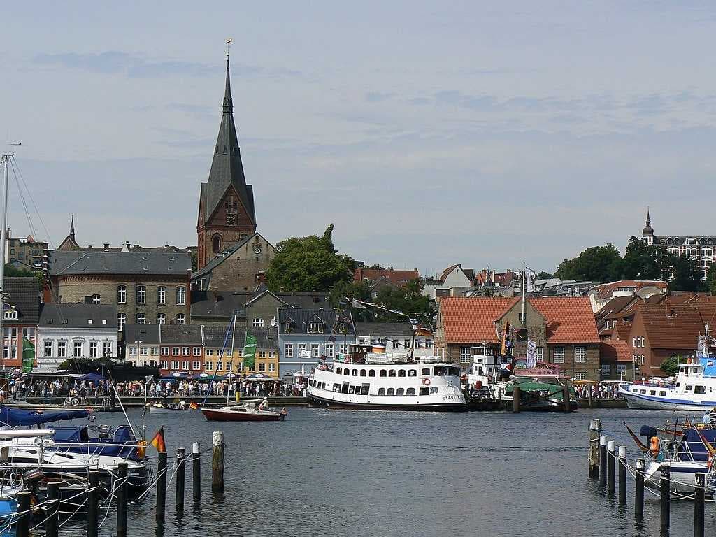 Harbour of Flensburg, western shore, with the church "Sankt Marien" (Saint Mary)