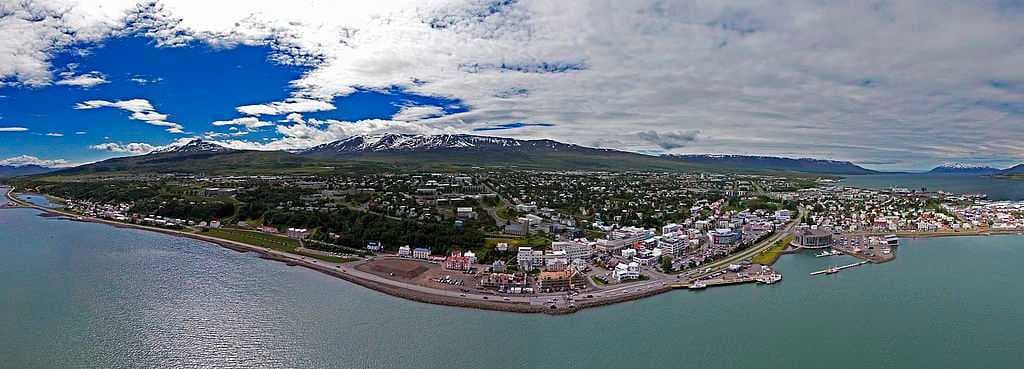 Aerial panorama of Akureyri, taken in June 2017