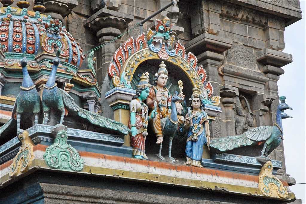 Idols of Hindu gods in front of the temple.