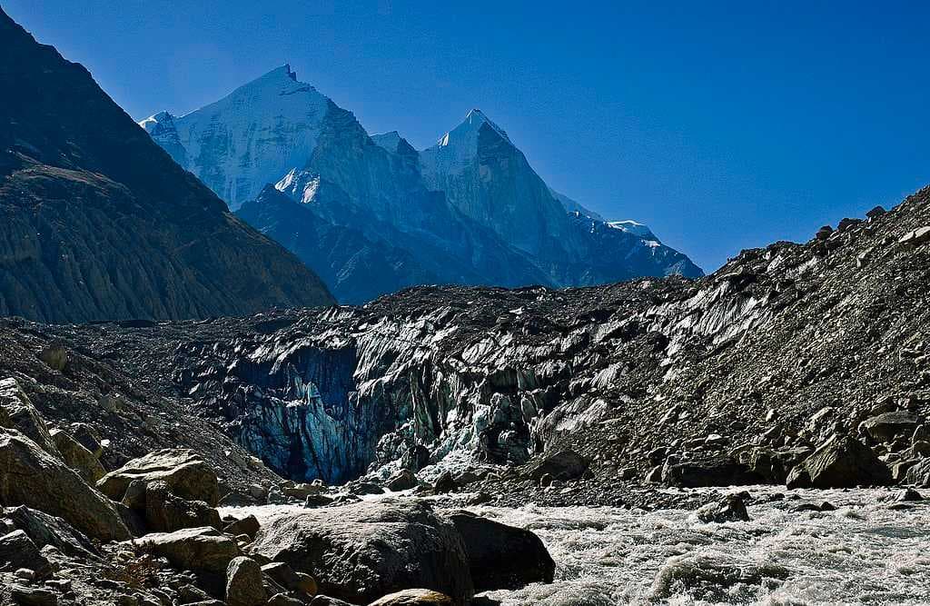 Gomukh, terminus of the Gangotri glacier. The Bhagirathi peaks rise in the background.