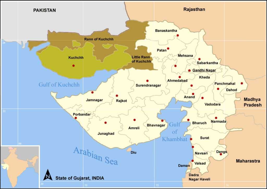 Map of Gujarat showing the Greater Rann of Kutch and Little Rann of Kutch