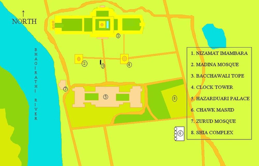 A map of the full Nizamat Fort Campus (excluding Wasef Manzil, Dakshin Darwaza or the South Gate of the campus, Nawab Bahadur's Institution and the South Zurud Mosque) showing the Nizamat Imambara in yellow and other buildings surrounding it, like the Madina Mosque, the Hazarduari Palace, Chawk Masjid, Bacchawali Tope, Murshidabad Clock Tower, Shia Complex and the Zurud Mosque (North)