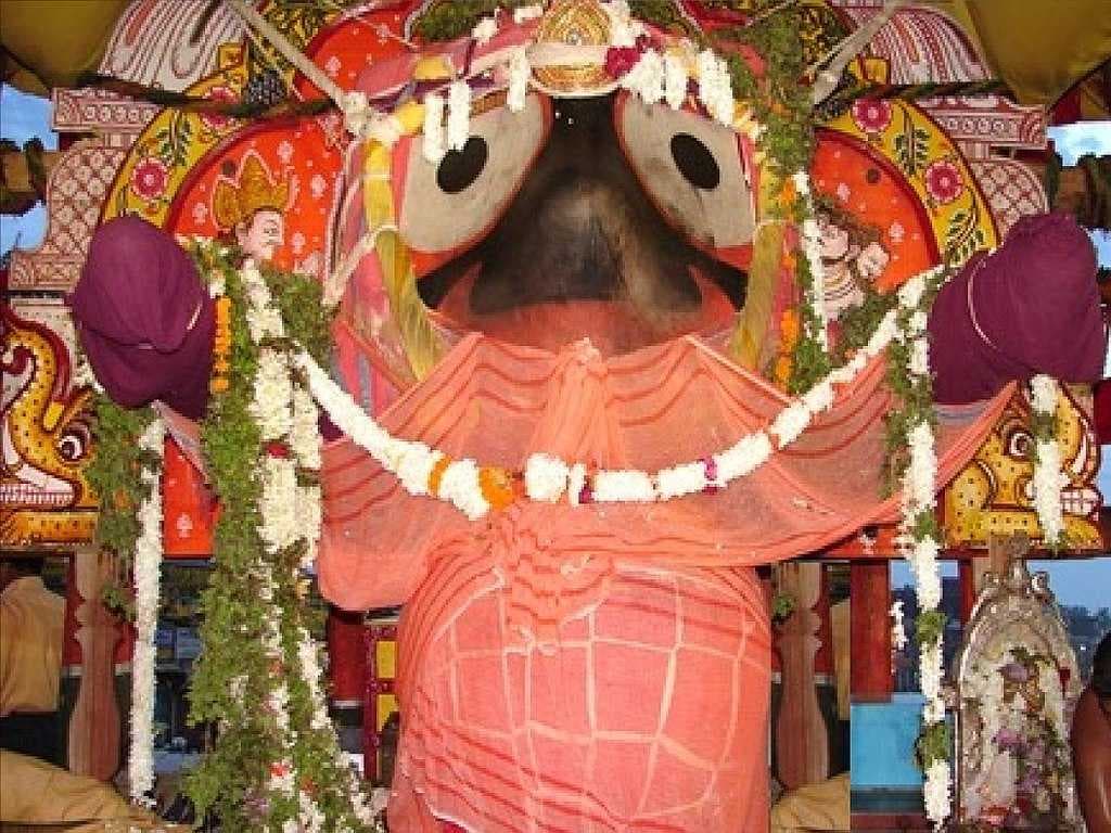 Jagannath (pictured), the presiding God of the temple complex, is described as the Bhairava or consort of the goddess Vimala.