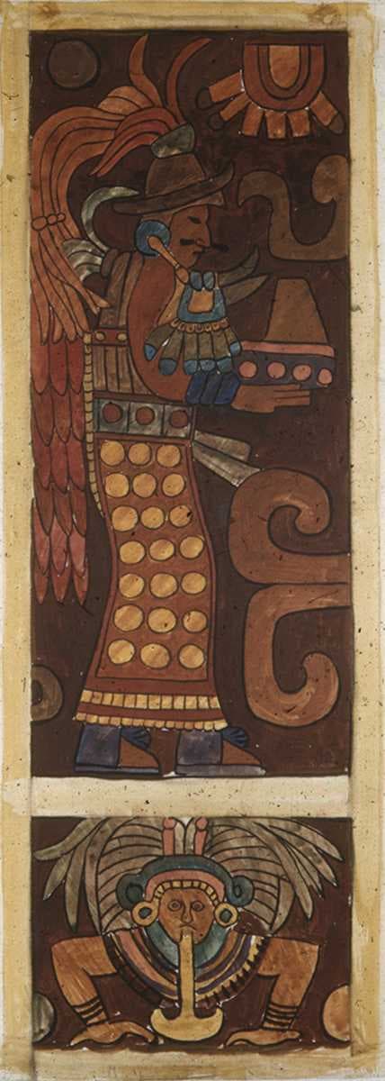 Painting of a relief, lower terrace columns, Temple of the Warriors, by Octavio Medellin 1938.