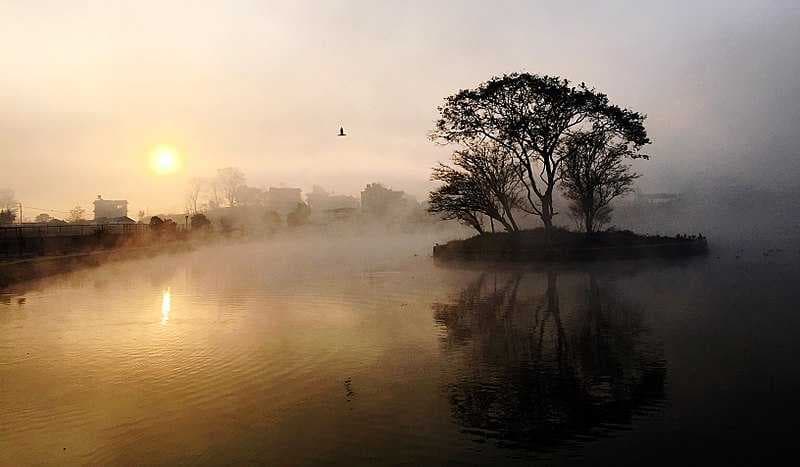 Misty sunrise view