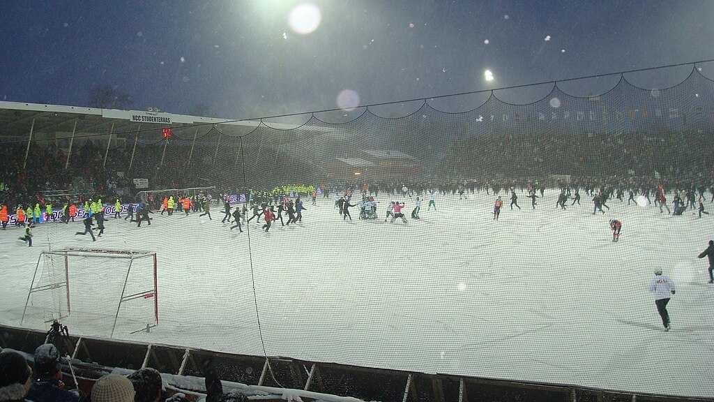 Celebrations after the 2010 national bandy final at Studenternas IP