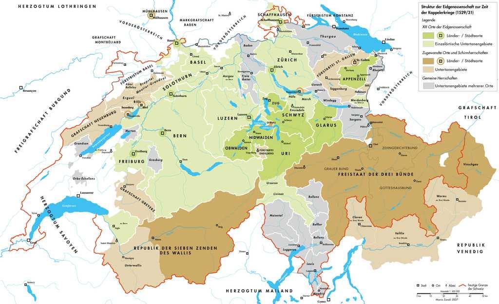 Swiss Confederation in 1530, showing Locarno and other territories of the Ticino region