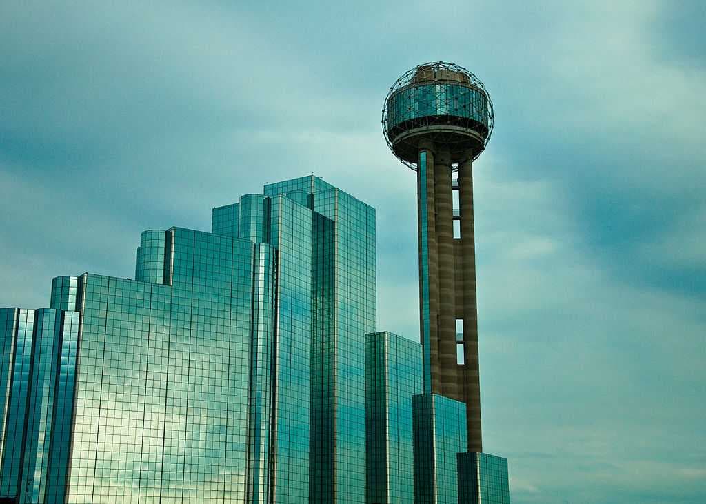 Reunion Tower rising over the Hyatt Regency Dallas.