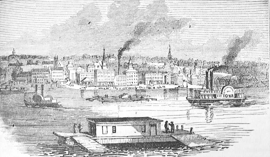 Picture of Davenport in 1865; on the right is the Steamboat Iowa, which appears in the Seal of Iowa.