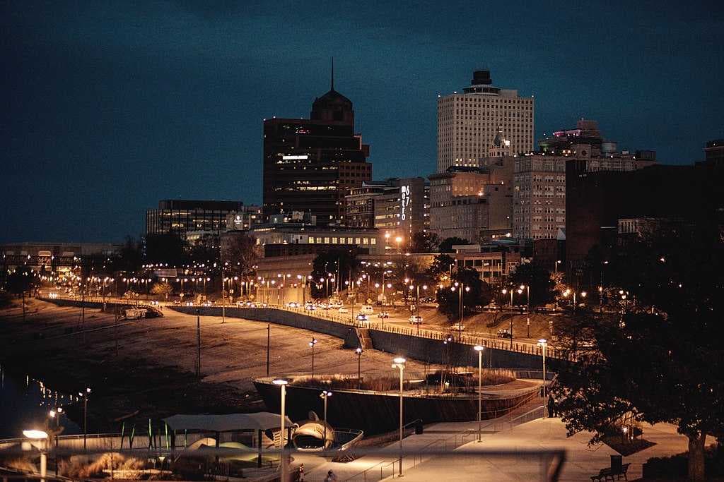 The downtown skyline at night in 2015