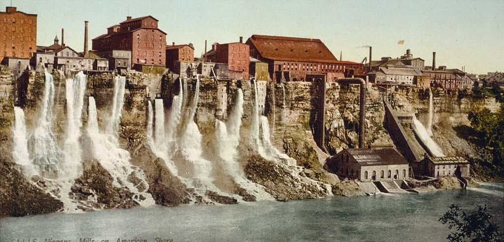 The Niagara Falls mill district downriver from the American Falls, 1900