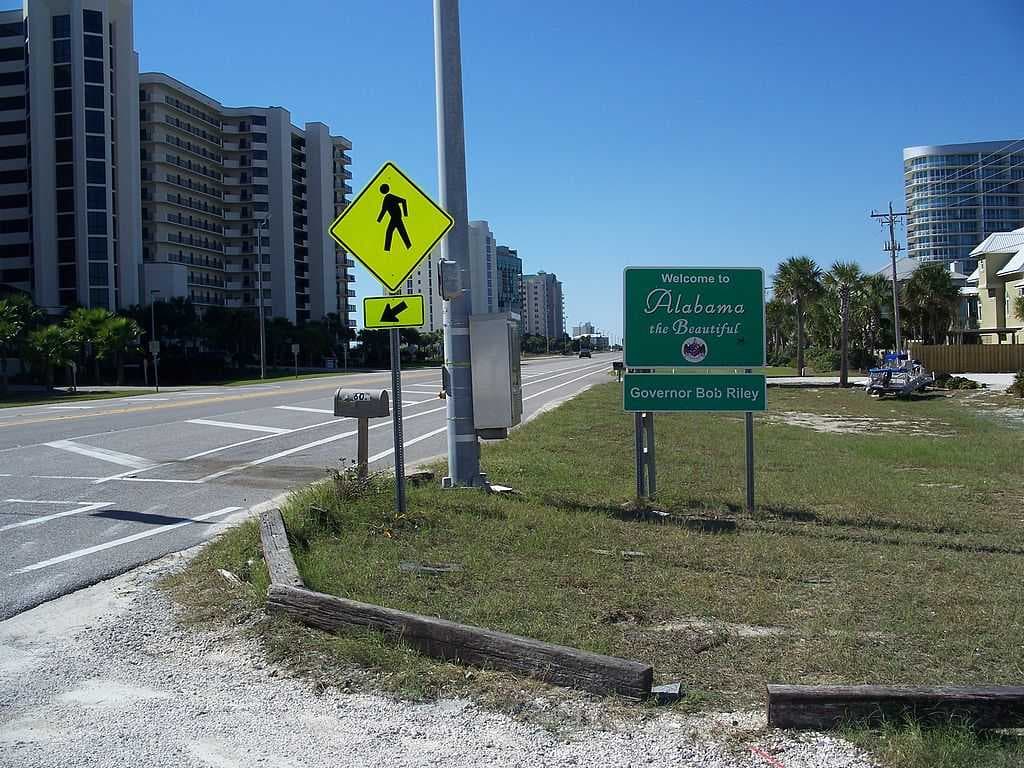 Alabama Welcome sign on the Alabama-Florida border in Orange Beach