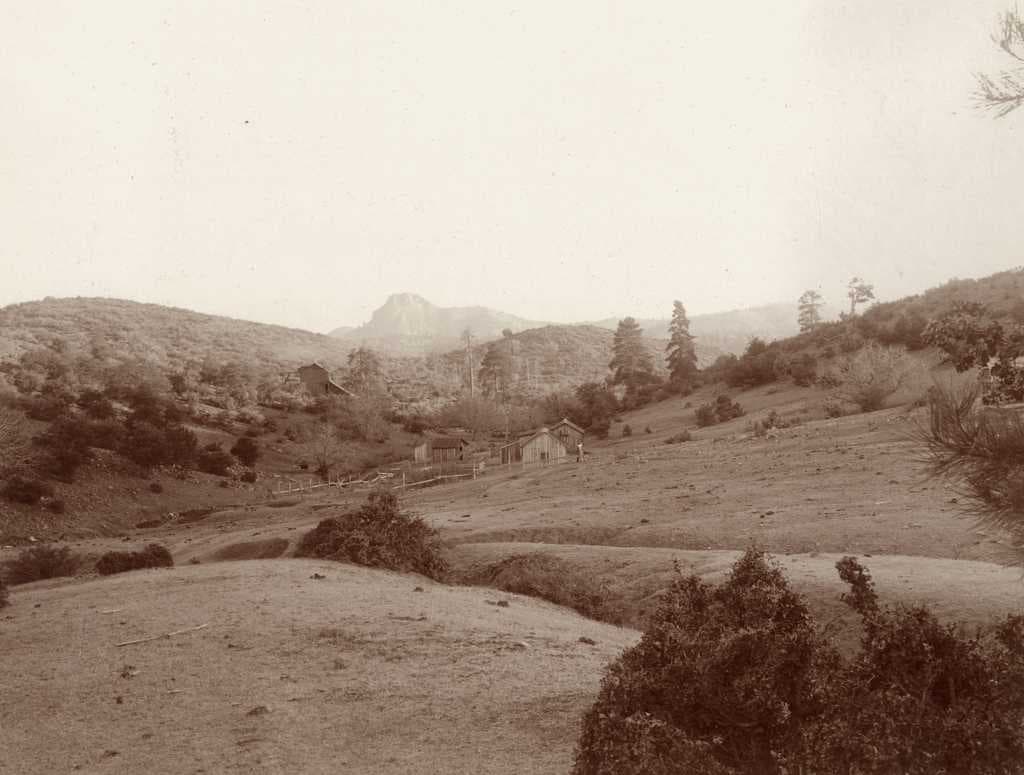 The Derby Mine mill & camp, one of the many gold and silver mines in Prescott around the turn of the century. Taken 1901. Thumb Butte is visible in the far background.