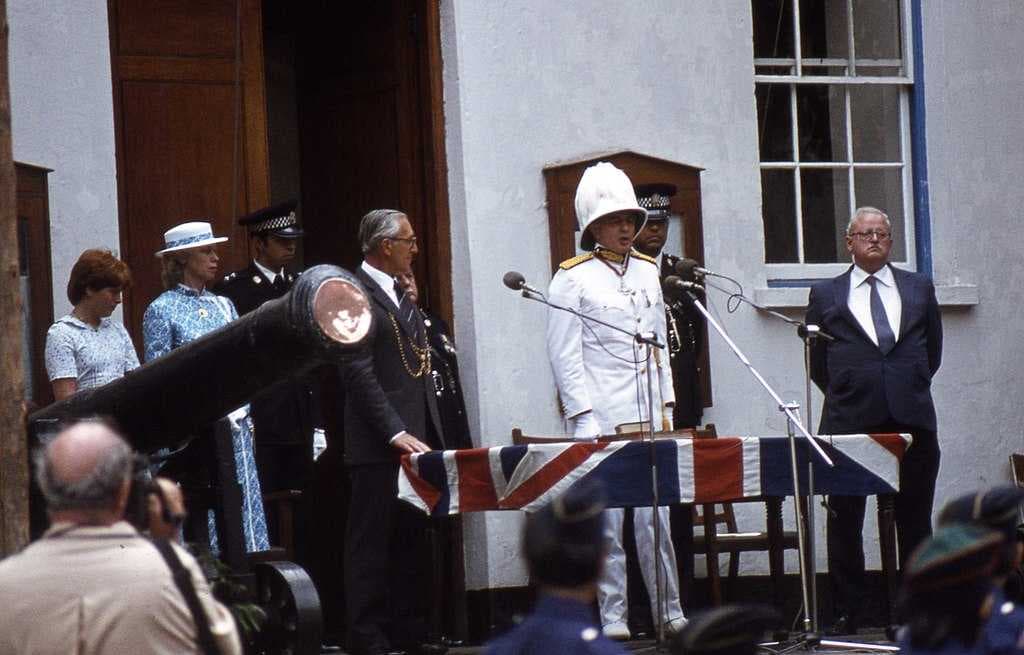 Francis Eustace Baker, wearing full dress tropical uniform, is sworn in as Governor of Saint Helena in 1984.
