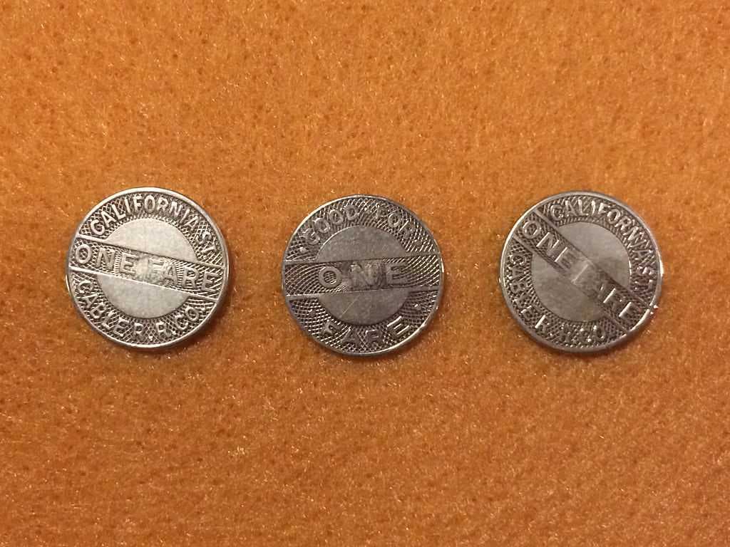 Historic cable car tokens displayed at the San Francisco Cable Car Museum