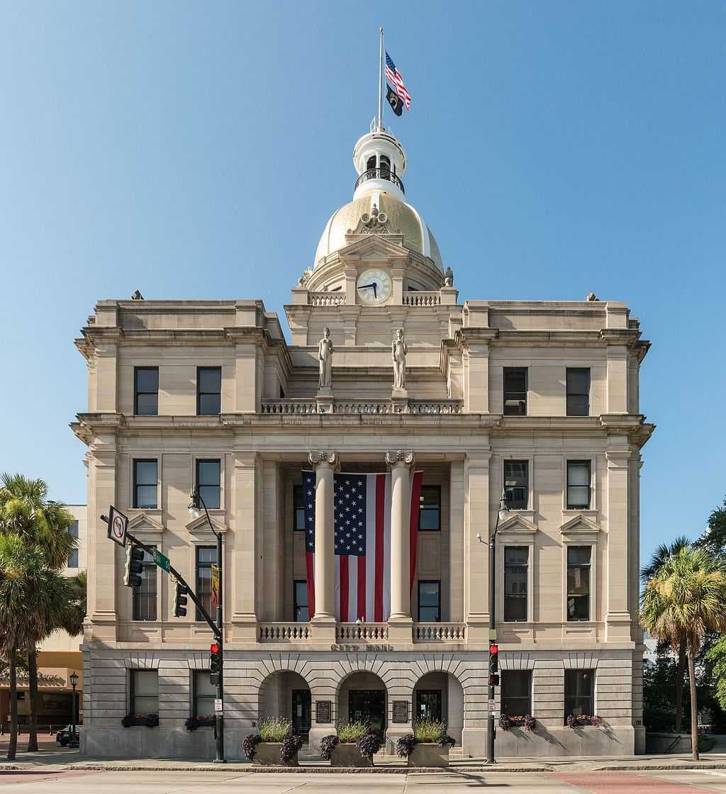 With its distinctive dome in tissue-paper-thin, 23-karat gold leaf, Savannah's City Hall (1906), which stands on Bay Street at the head of Bull Street, is the first building constructed for exclusive use by the municipal government.