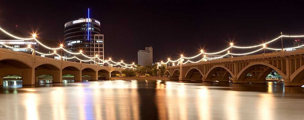 Mill Avenue bridges over Tempe Town Lake at night